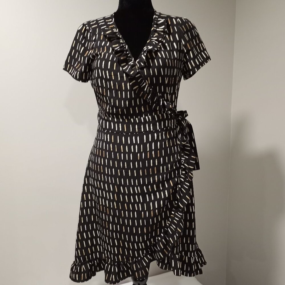 LARK & RO BLACK|BEIGE PRINT RUFFLE EDGED WRAP MIDI DRESS WOMEN SIZE M